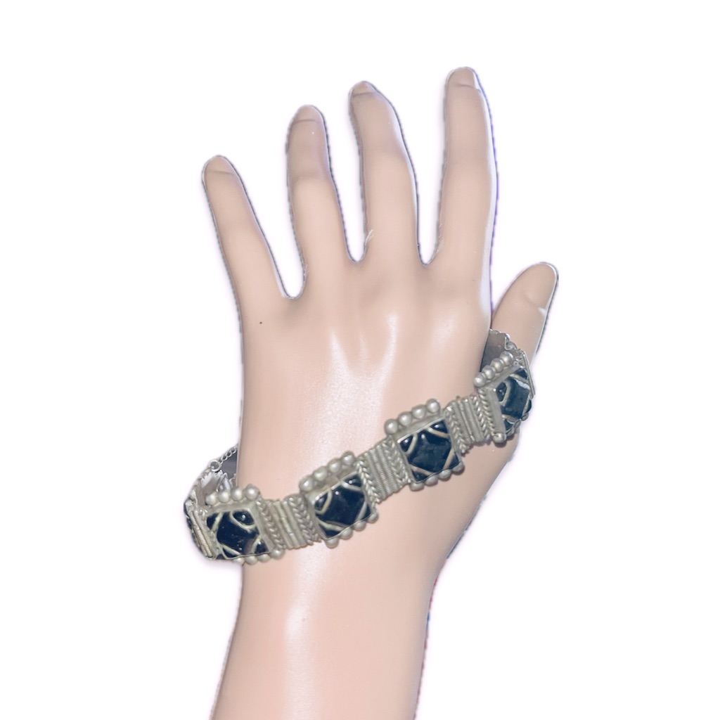 Taxco Sterling Silver & Real Onyx Bracelet Signed